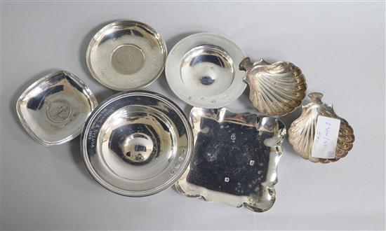 Four assorted silver trinket dishes, one other dish and two shell dishes.